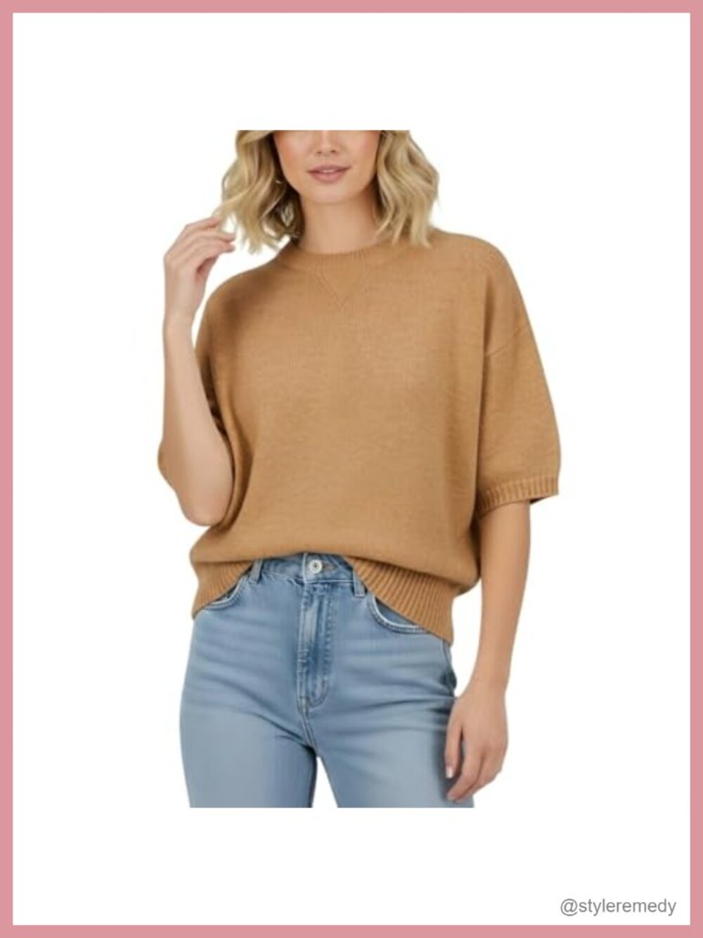 Women's Short Sleeve Crewneck Sweater V Stitch Lightweight Acrylic Knit Pullover